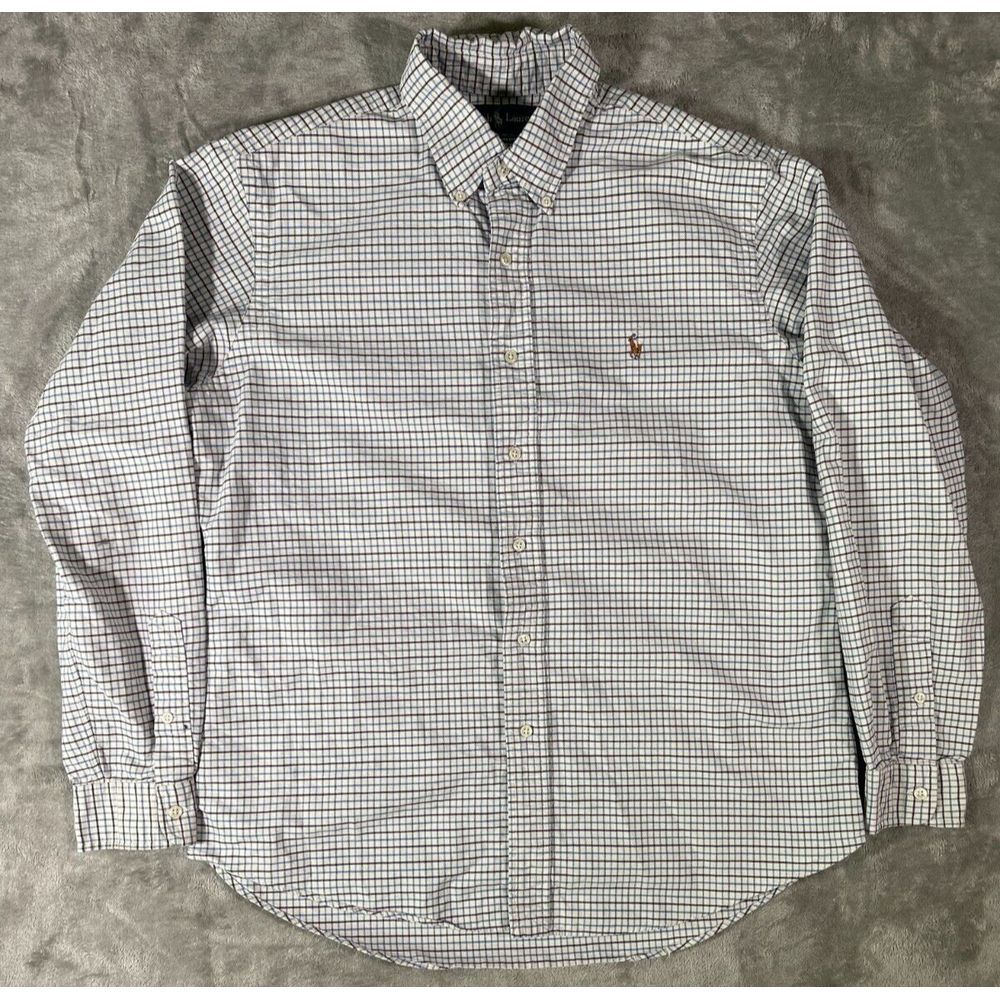 Ralph Lauren Polo Long Sleeve Men's Shirt Large White Plaid Embroidered